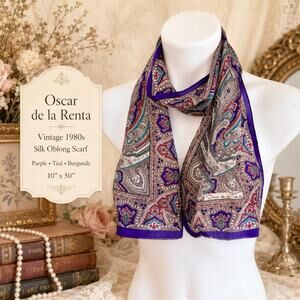 Vintage 1980s Oscar de la Renta Silk Scarf Purple Teal Burgundy Paisley 10x50
